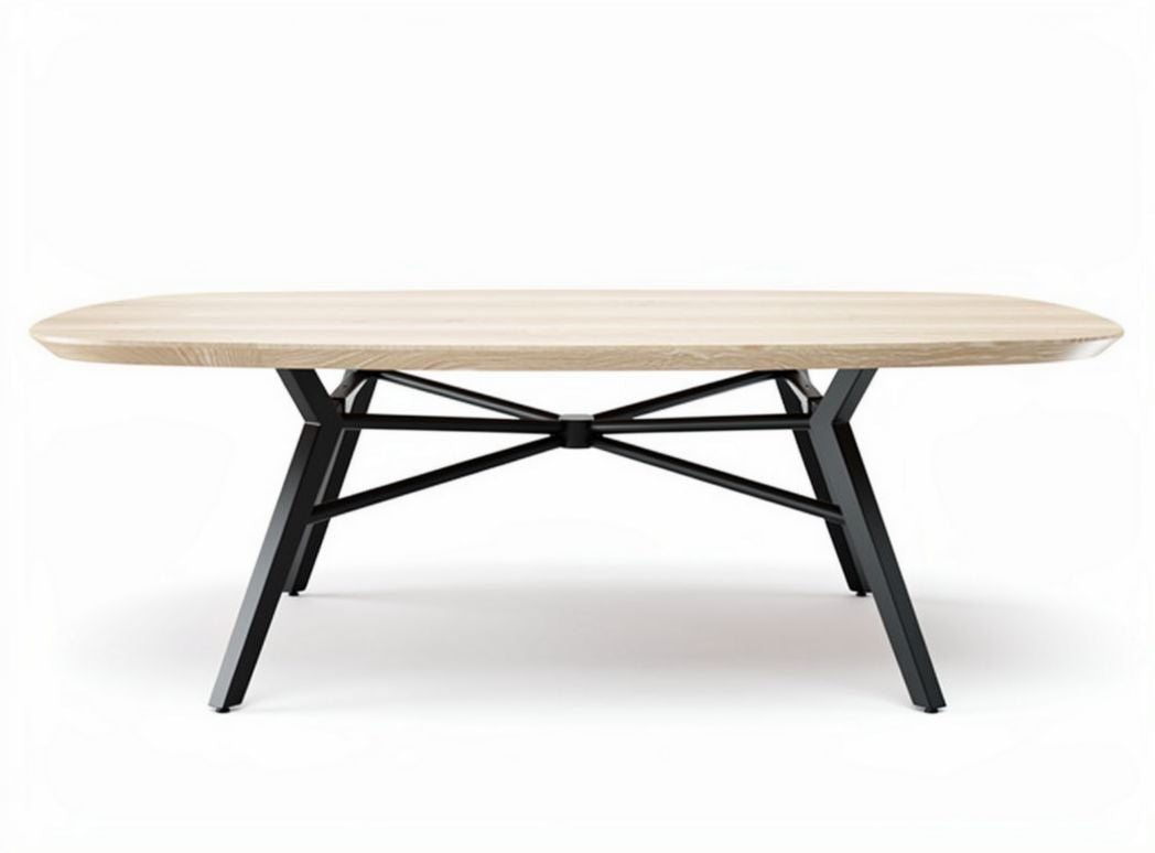 Wooden coffee table with black metal legs and oval surface 150 x 80 x 75cm