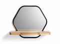 Hexagonal wall mirror with oak shelf and black metal frame 60 x 60 x 15cm