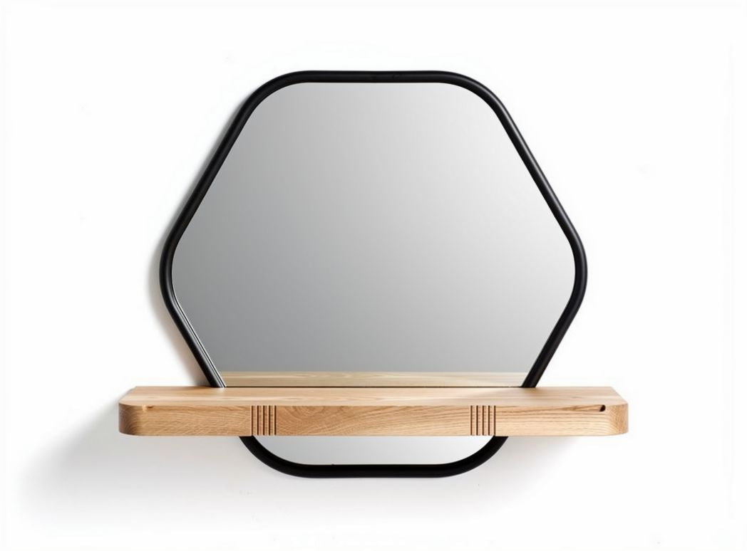 Hexagonal wall mirror with oak shelf and black metal frame 60 x 60 x 15cm