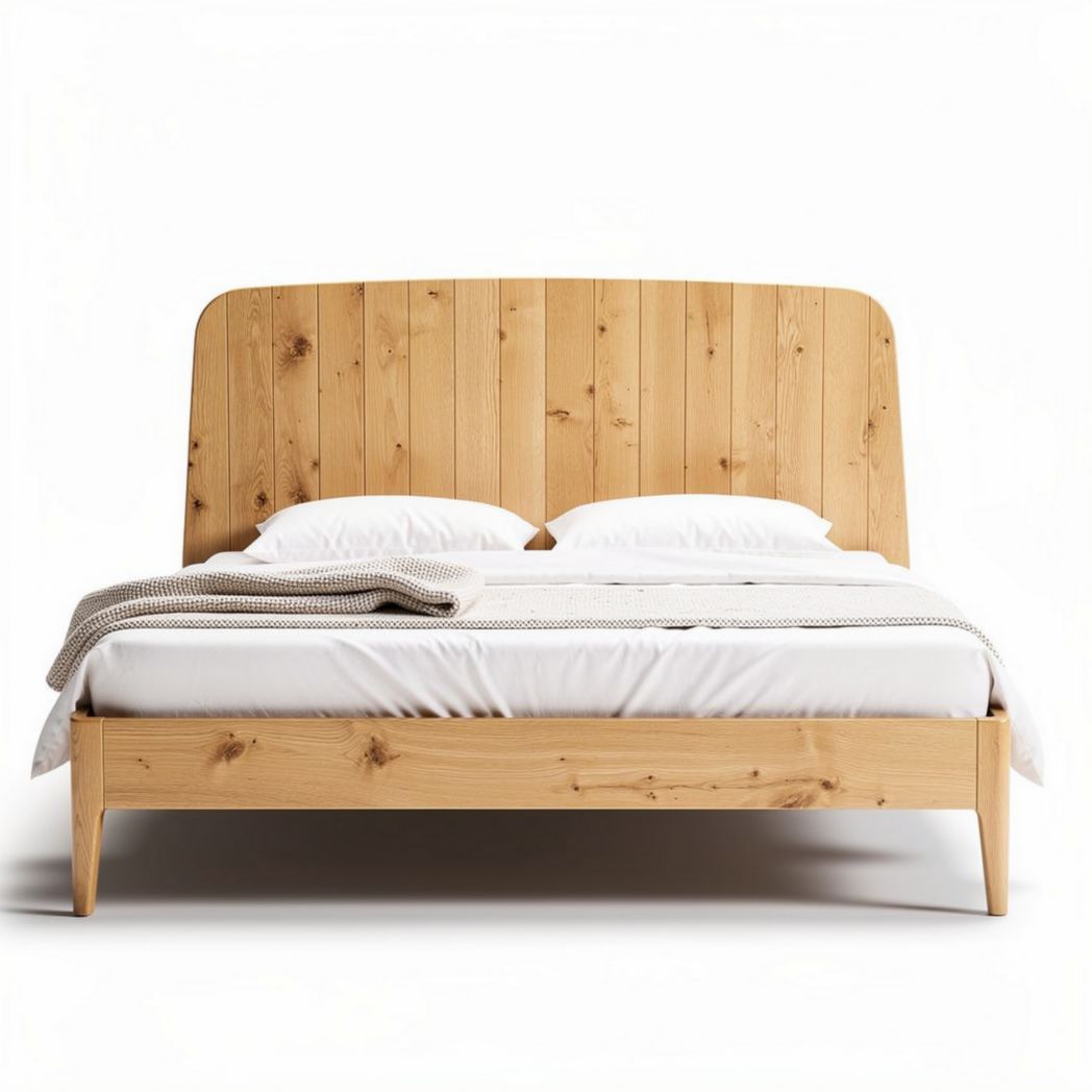 Wooden bed frame with natural wood headboard and minimalist design 200 x 160 x 100cm